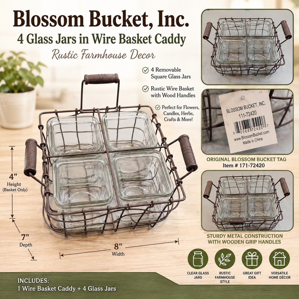 Blossom Bucket 4 Glass Jars in Wire Basket Caddy Rustic Farmhouse 171-72420